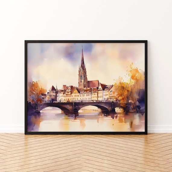 Stuttgart Germany Church Spire River Watercolor Travel Poster