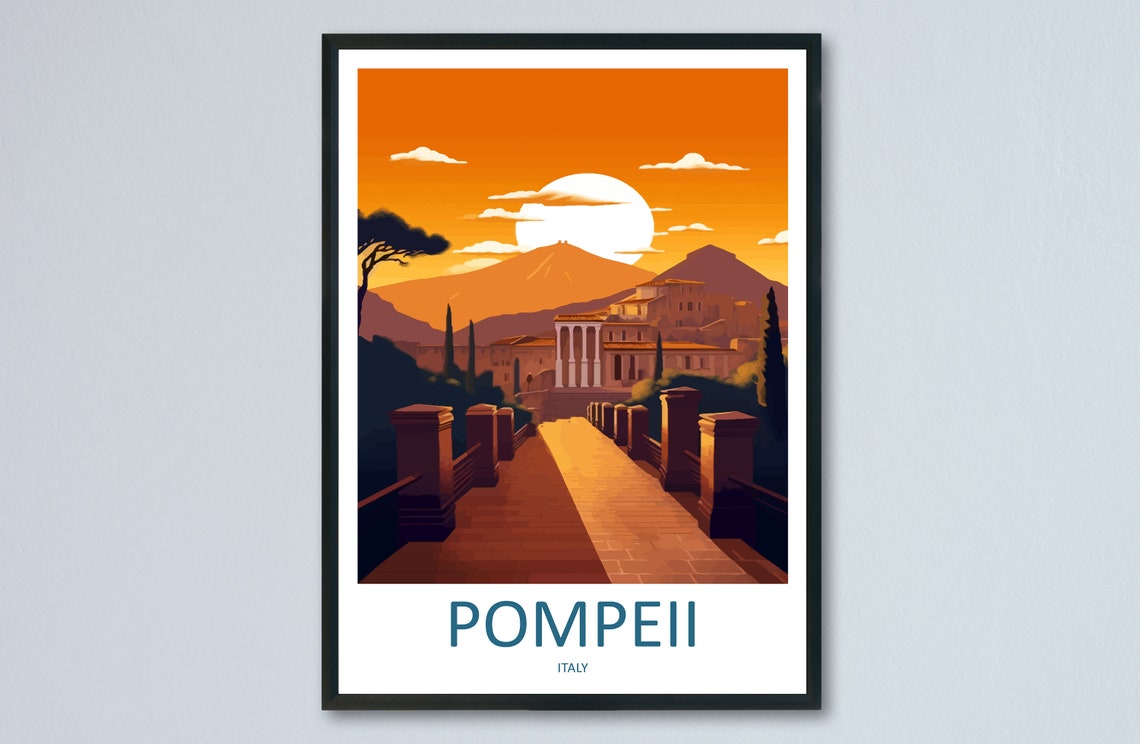 Pompeii Italy Mount Vesuvius Sunset Over Ruins Vintage Poster