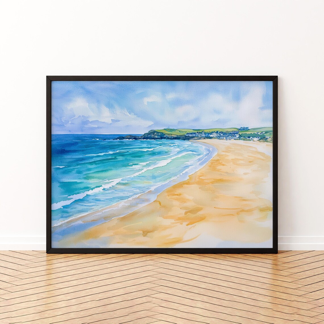 Golden Fistral Beach Cornwall Surf Coast Watercolor Travel Poster