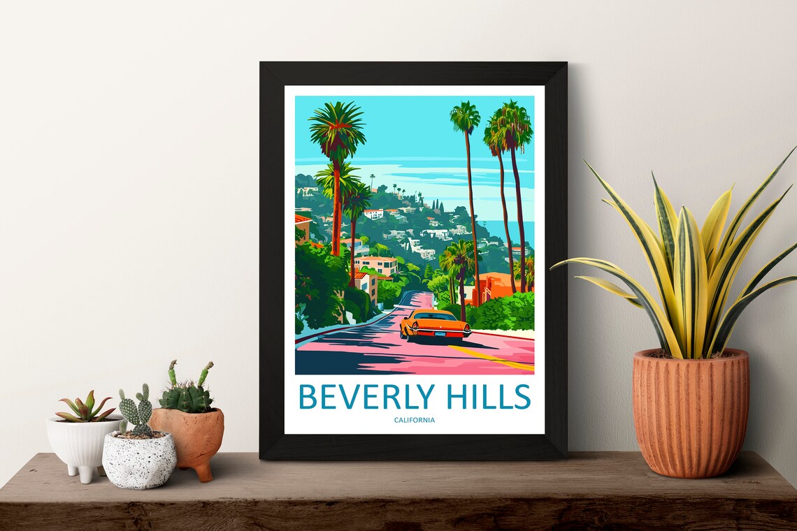Beverly Hills California Palm Lined Street Classic Car Travel Poster - Image 3
