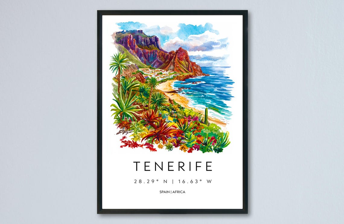 Tenerife Watercolor Coastal Cliffs Beach Scene Travel Poster