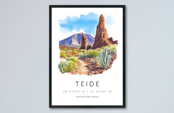Teide National Park Volcanic Landscape Watercolor Travel Poster
