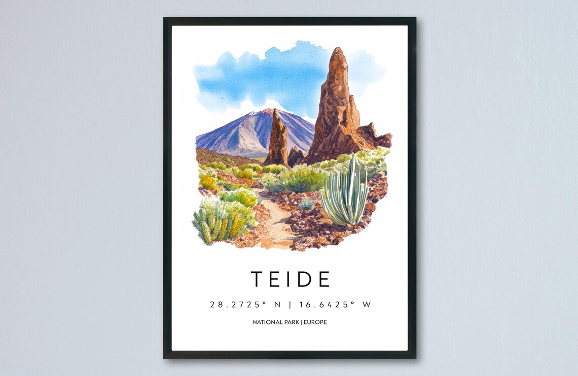 Teide National Park Volcanic Landscape Watercolor Travel Poster