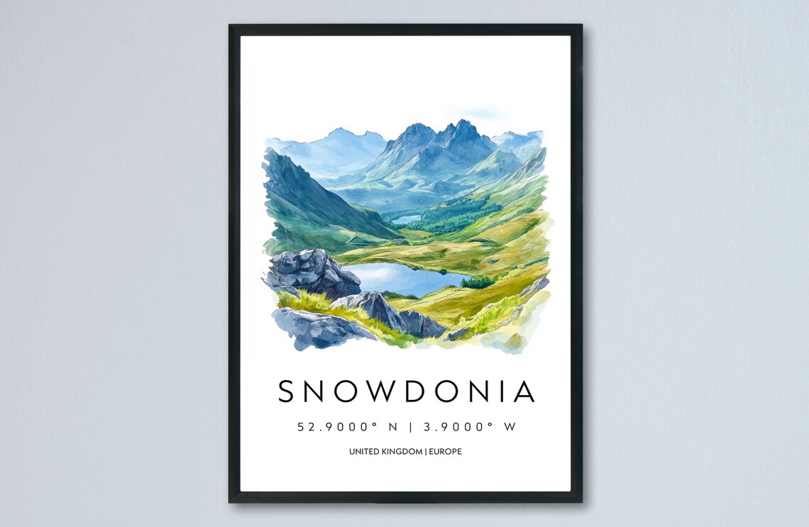 Snowdonia Rugged Peaks Lake Watercolor Wales Mountain Art Poster