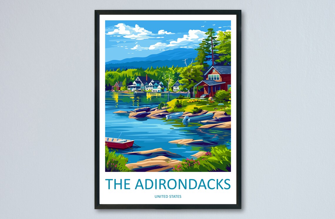 The Adirondacks New York Lakeside Cabins Canoes Travel Poster