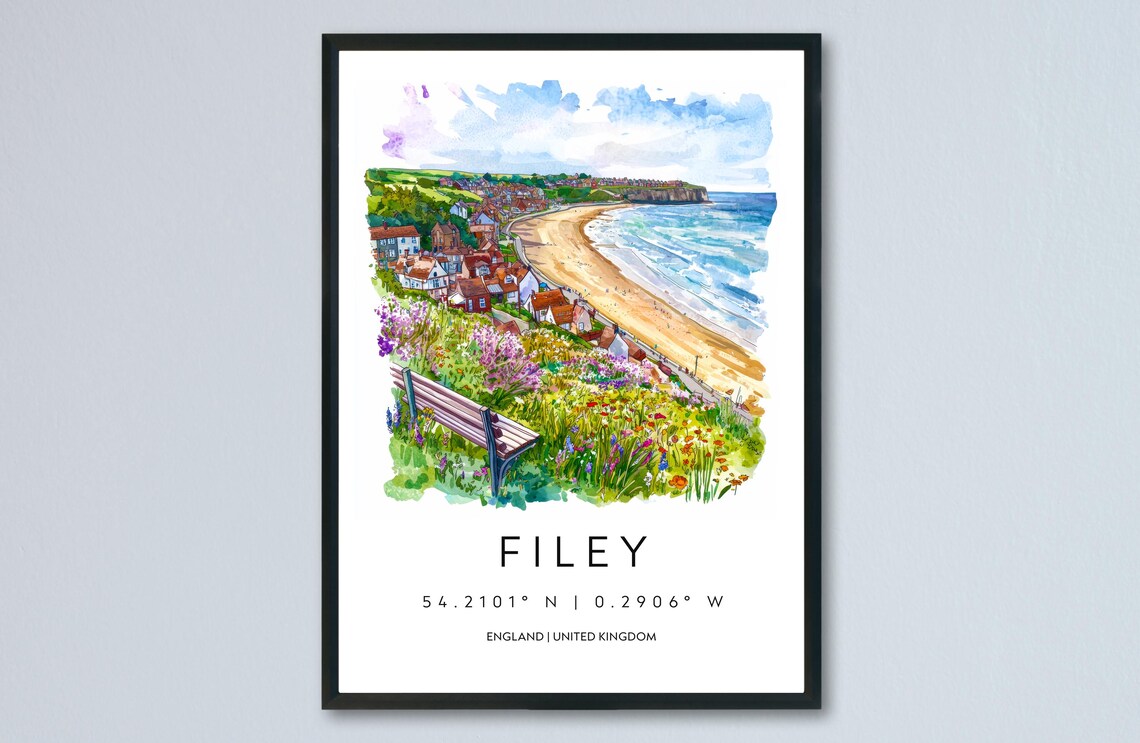 Filey Watercolor Travel Poster, Yorkshire Coast Art Print