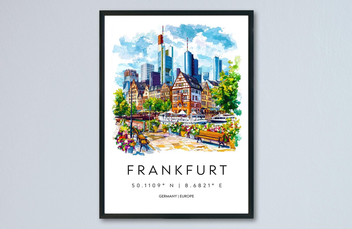 Frankfurt Watercolor Germany Skyline Riverside Old Town Travel Poster