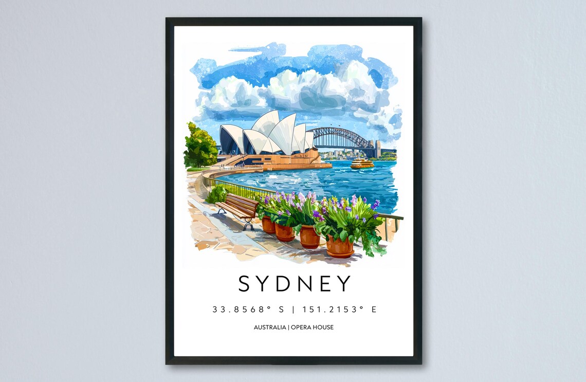 Sydney Australia Watercolor Travel Poster Opera House And Harbour Bridge