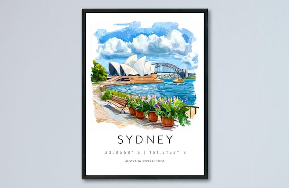 Sydney Australia Watercolor Travel Poster Opera House And Harbour Bridge