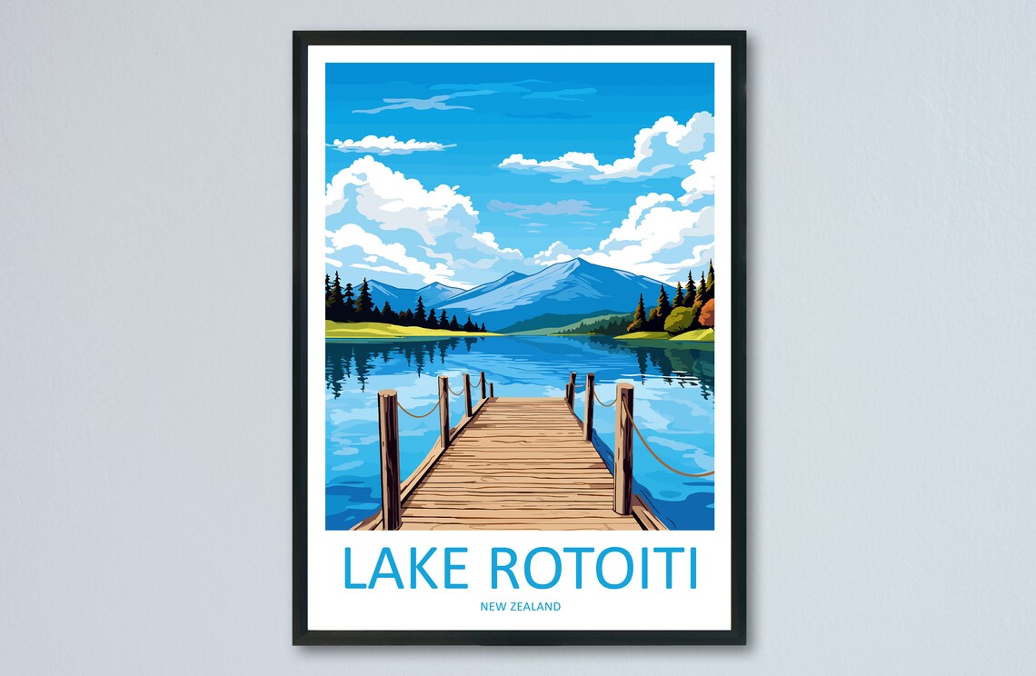 Lake Rotoiti Wooden Jetty Mountain View New Zealand Travel Poster