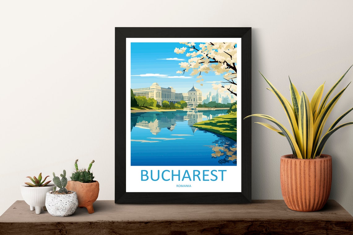 Bucharest Romania Palace Lake Reflection Spring Travel Poster - Image 3