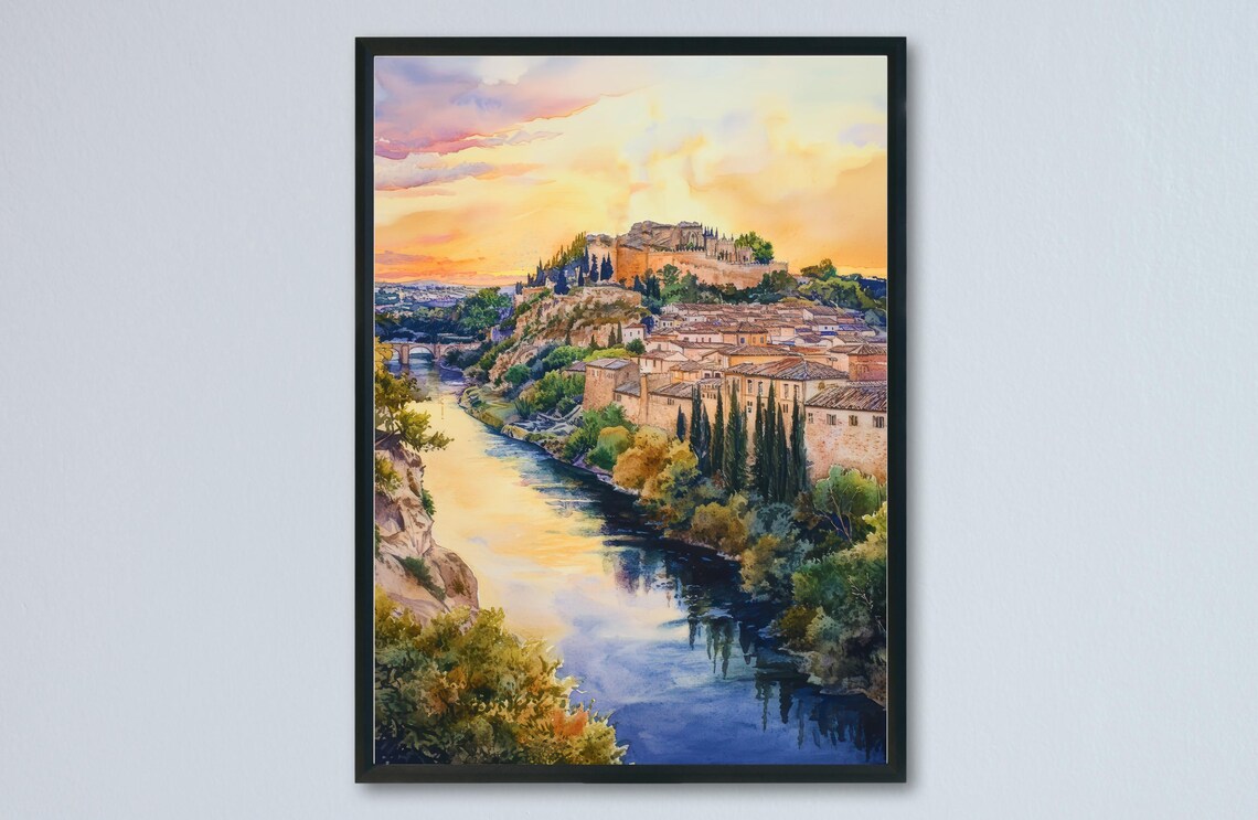 Toledo Spain Sunset Old Town Castle Watercolor Travel Poster