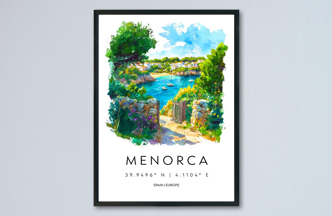 Menorca Spain Balearic Cove Sailboats Coast Watercolor Travel Poster