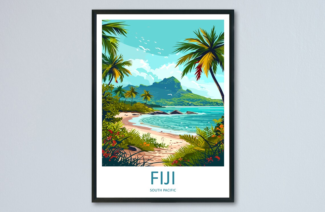 Fiji South Pacific Tropical Beach Palm Trees Vintage Island Poster Art