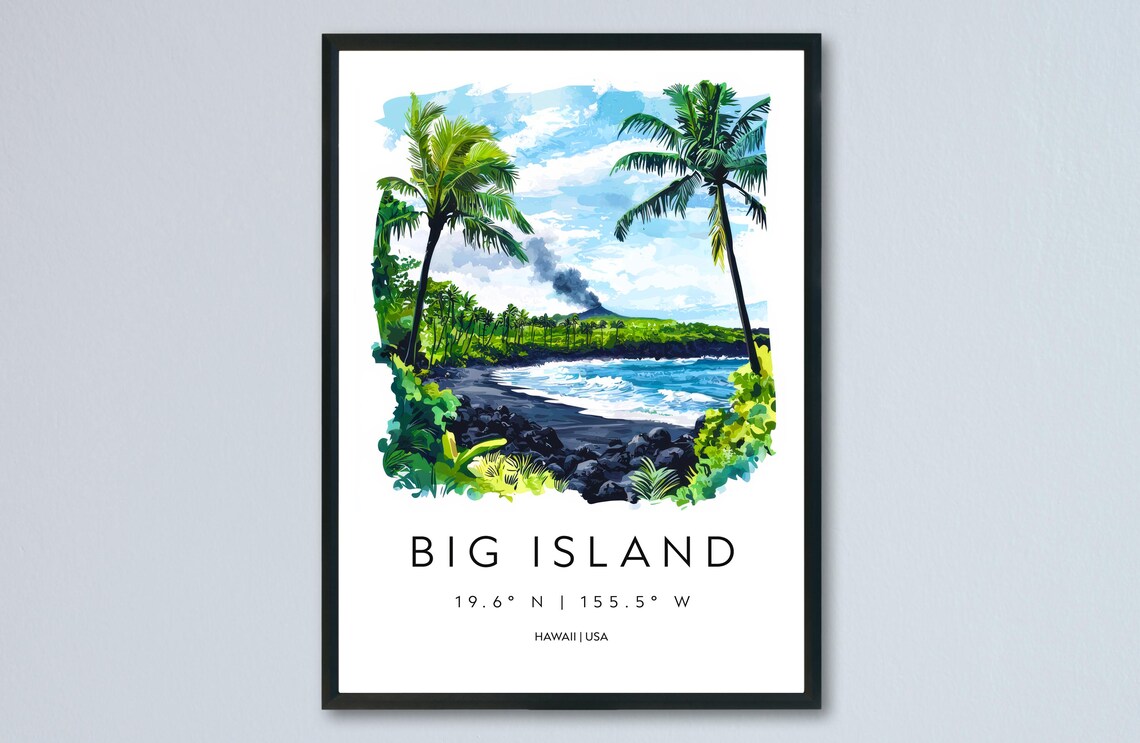 Palm Fringed Big Island Hawaii Black Sand Watercolor Travel Poster