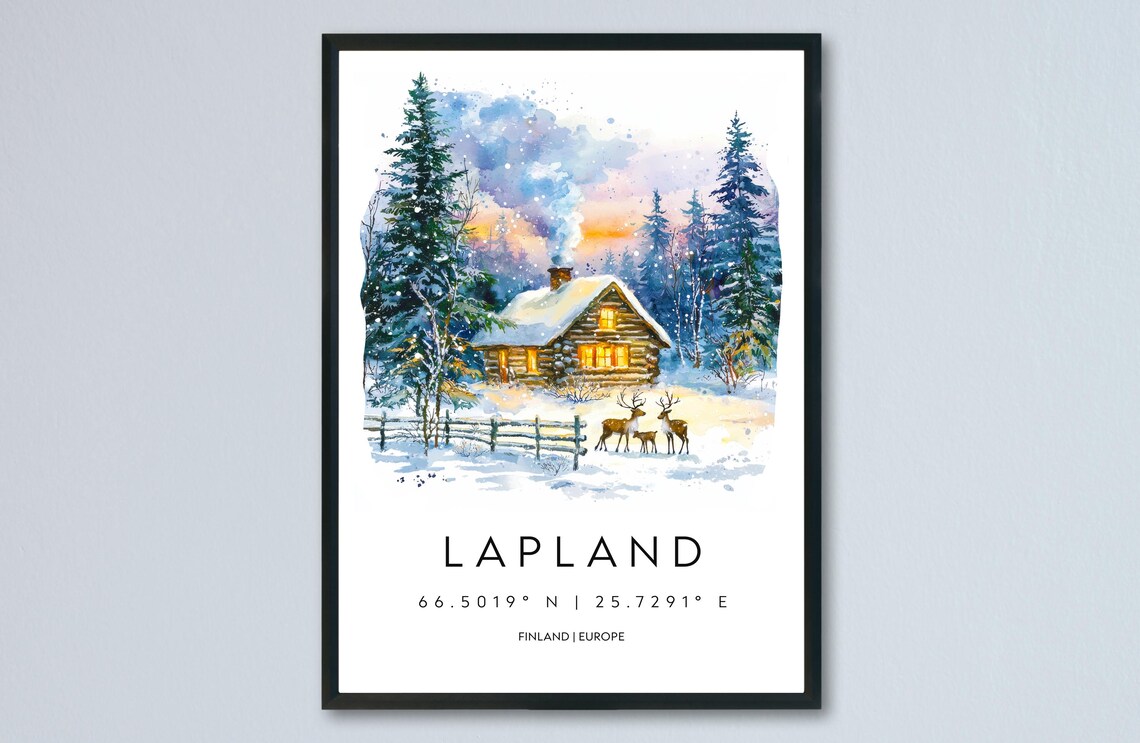 Lapland Finland Winter Cabin Watercolor Travel Poster With Coordinates
