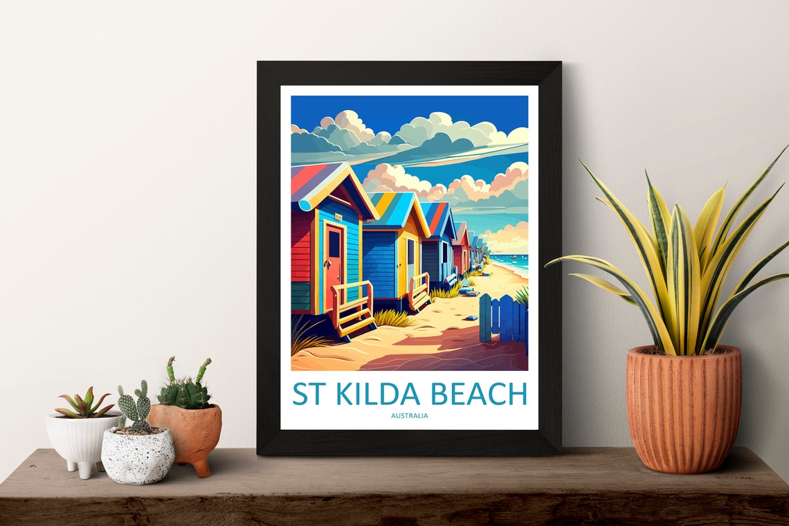 St Kilda Beach Melbourne Colorful Rainbow Bathing Boxes Poster - Image 3