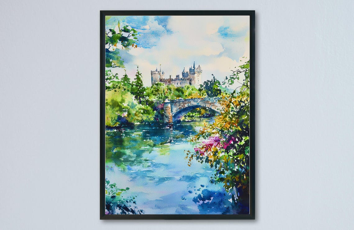 Kilkenny Castle River Nore Stone Bridge Lush Gardens Watercolor Poster