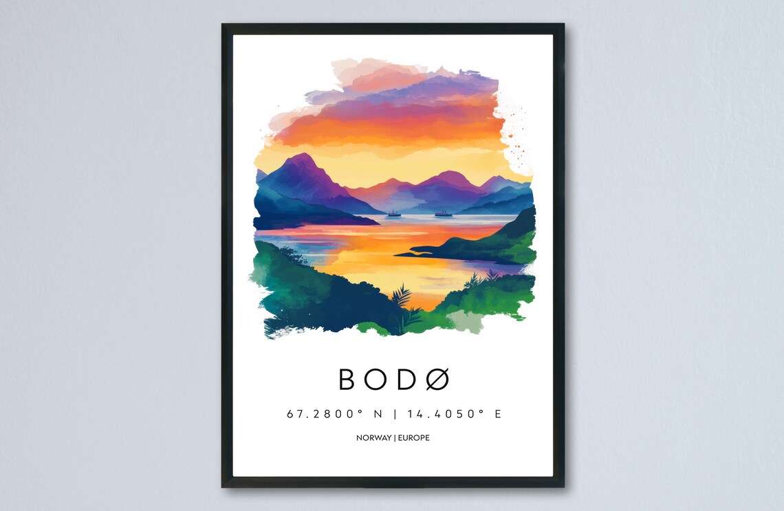 Bodo Norway Sunset Fjord Watercolor Travel Poster Coordinates Art