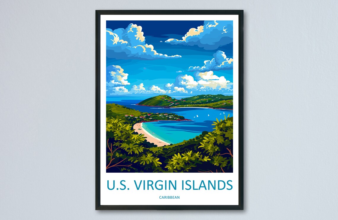 US Virgin Islands Caribbean Turquoise Bay Illustrated Travel Poster