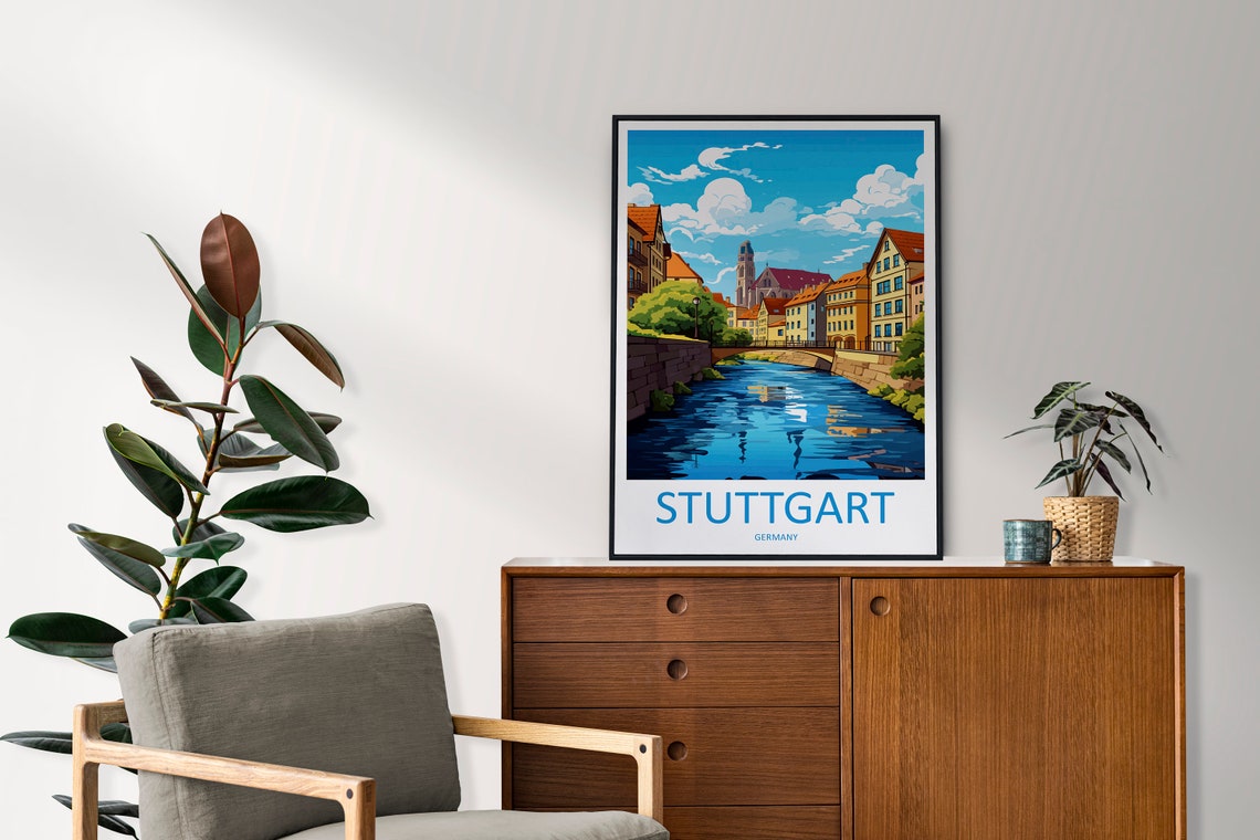 Stuttgart Germany River Canal Bridge City Skyline Travel Poster - Image 2