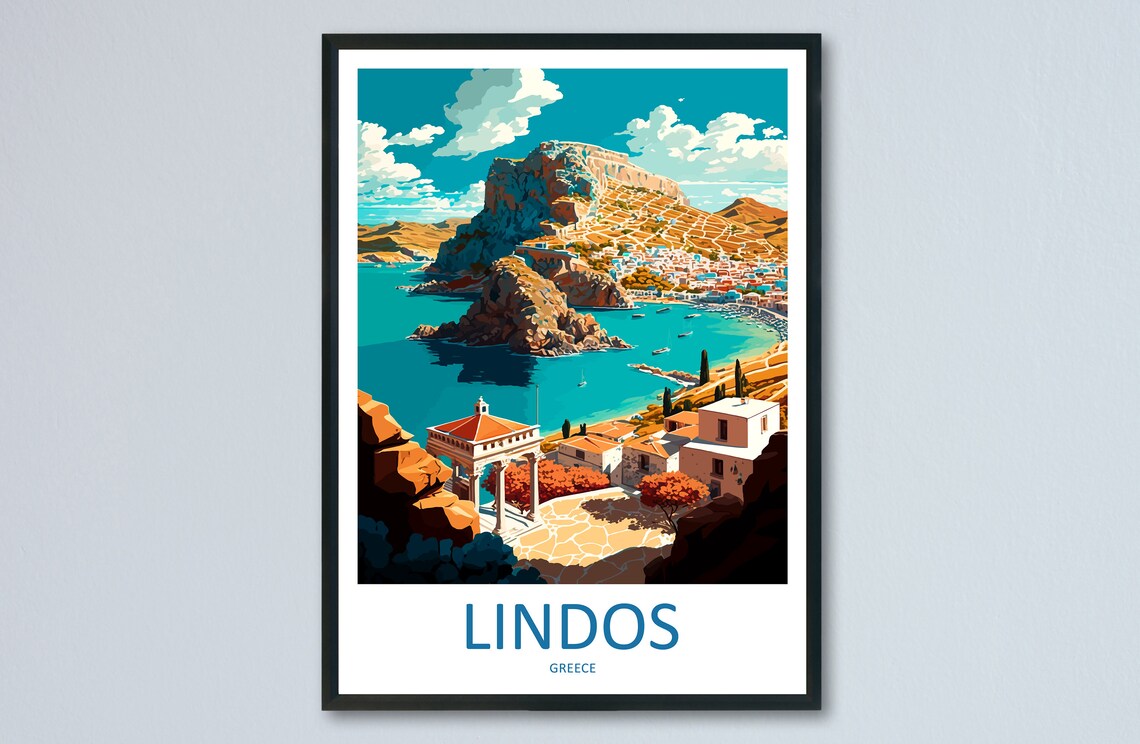 Lindos Greece Aegean Cliff Village Bay Retro Travel Art Poster