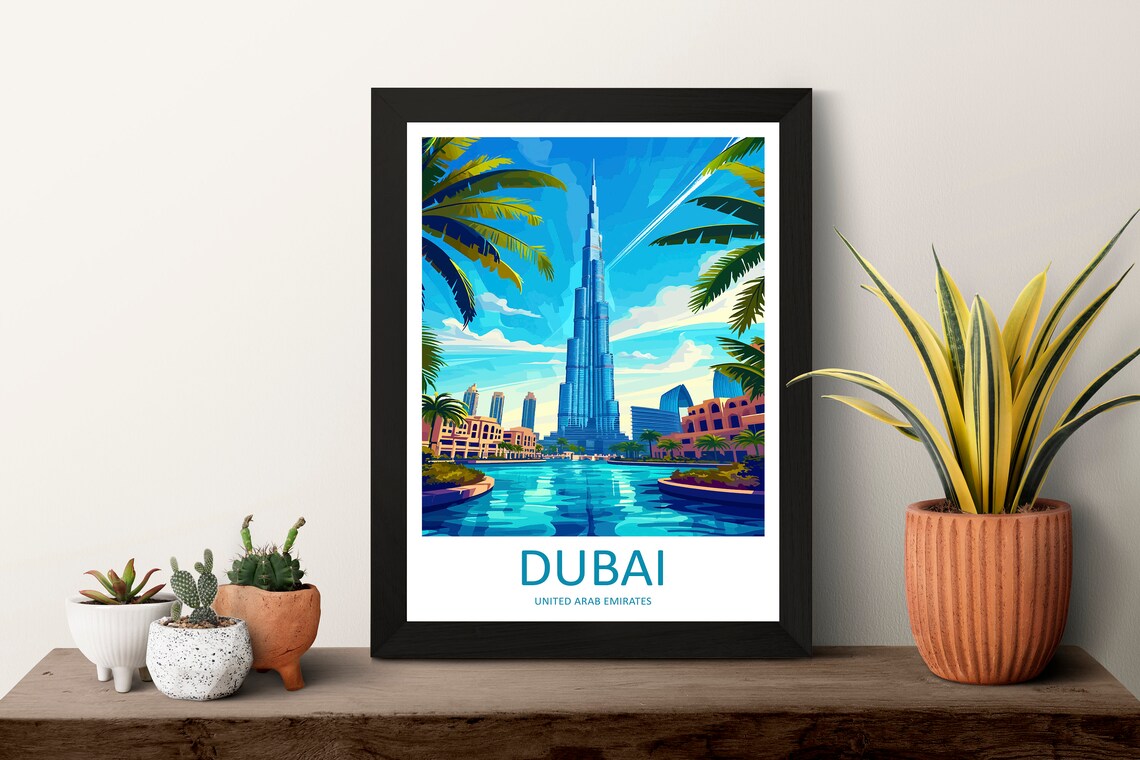 Dubai United Arab Emirates Vintage Travel Poster Burj Khalifa Skyline - Image 3