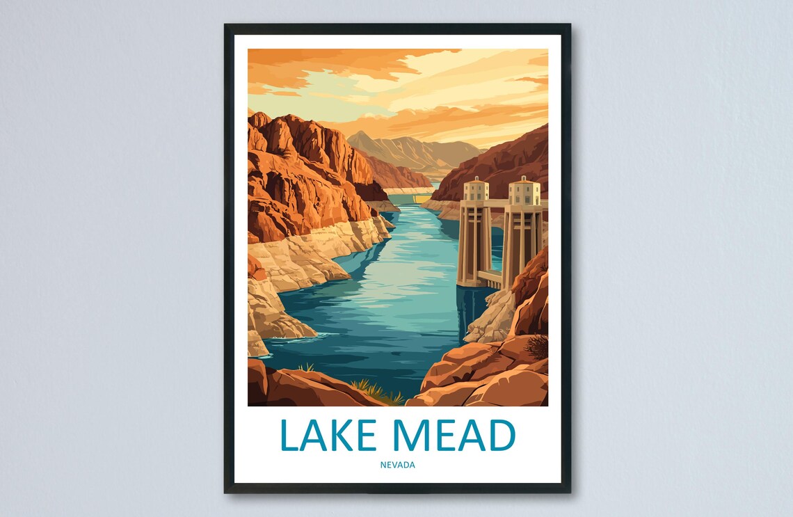 Lake Mead Nevada Vintage Travel Poster Hoover Dam Illustration