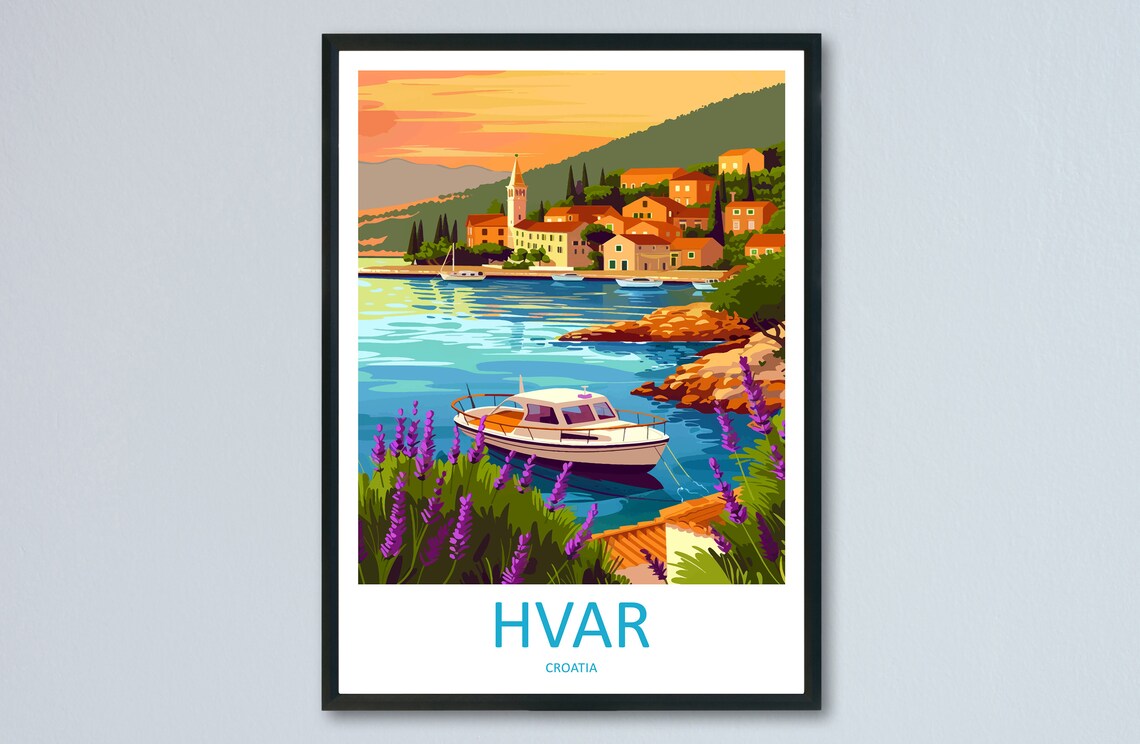 Hvar Harbour Sunset Lavender Croatia Island Travel Art Poster
