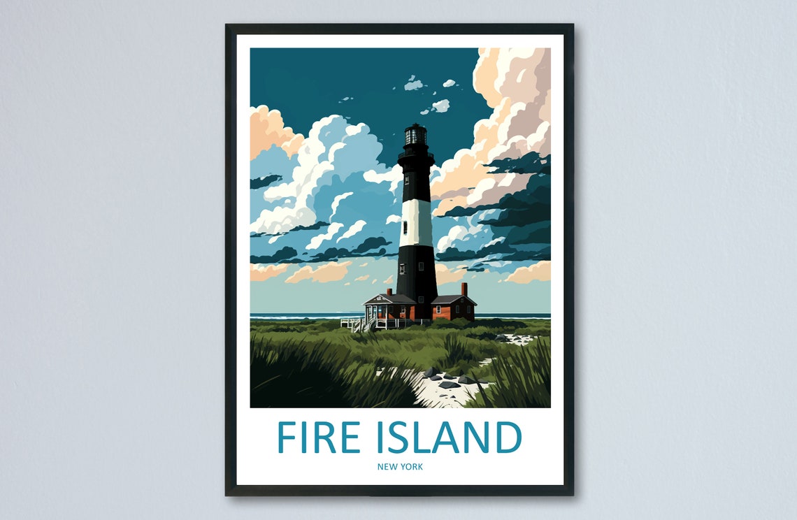 Fire Island New York Lighthouse Dunes Coastal Retro Travel Poster