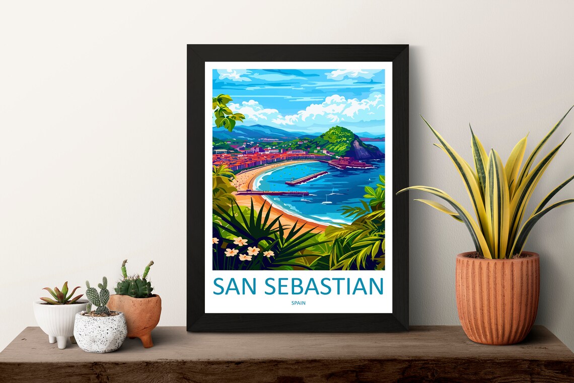 San Sebastian Spain La Concha Crescent Bay Aerial View Travel Poster - Image 3