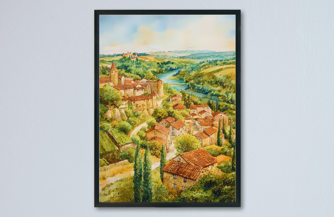 Dordogne Valley France Village River Hills Watercolor Art Poster