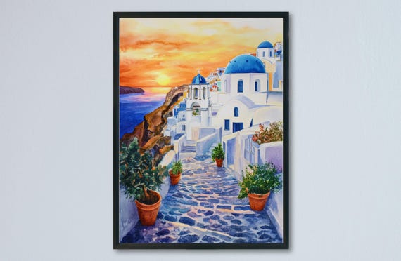 Santorini Watercolor Travel Poster, Greece Isle