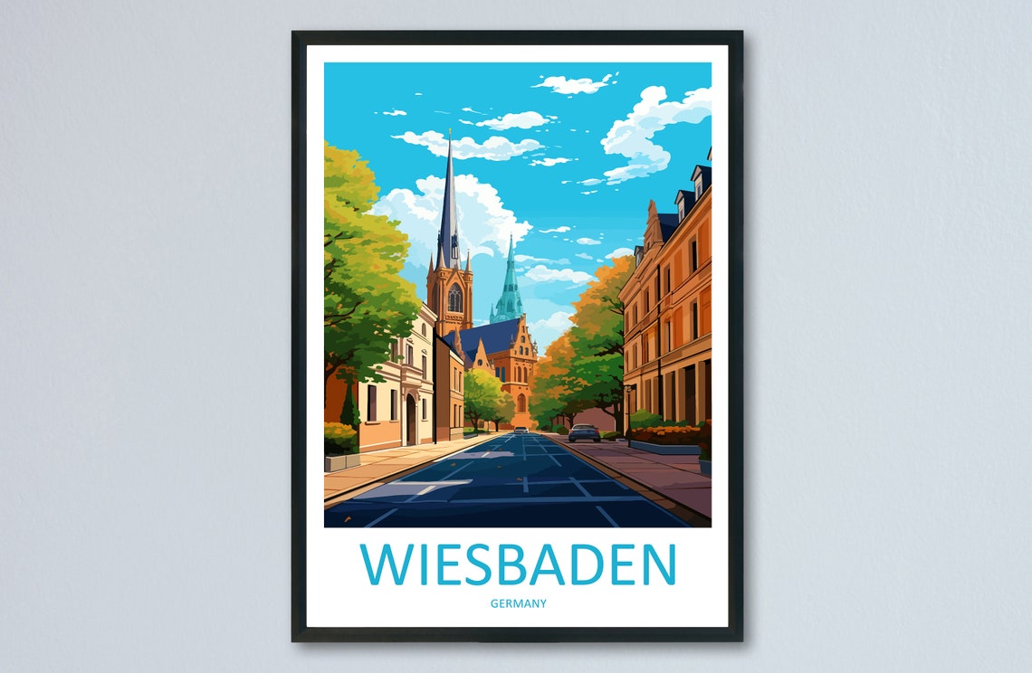 Wiesbaden Germany Tree Lined Church Street Blue Sky Day Poster