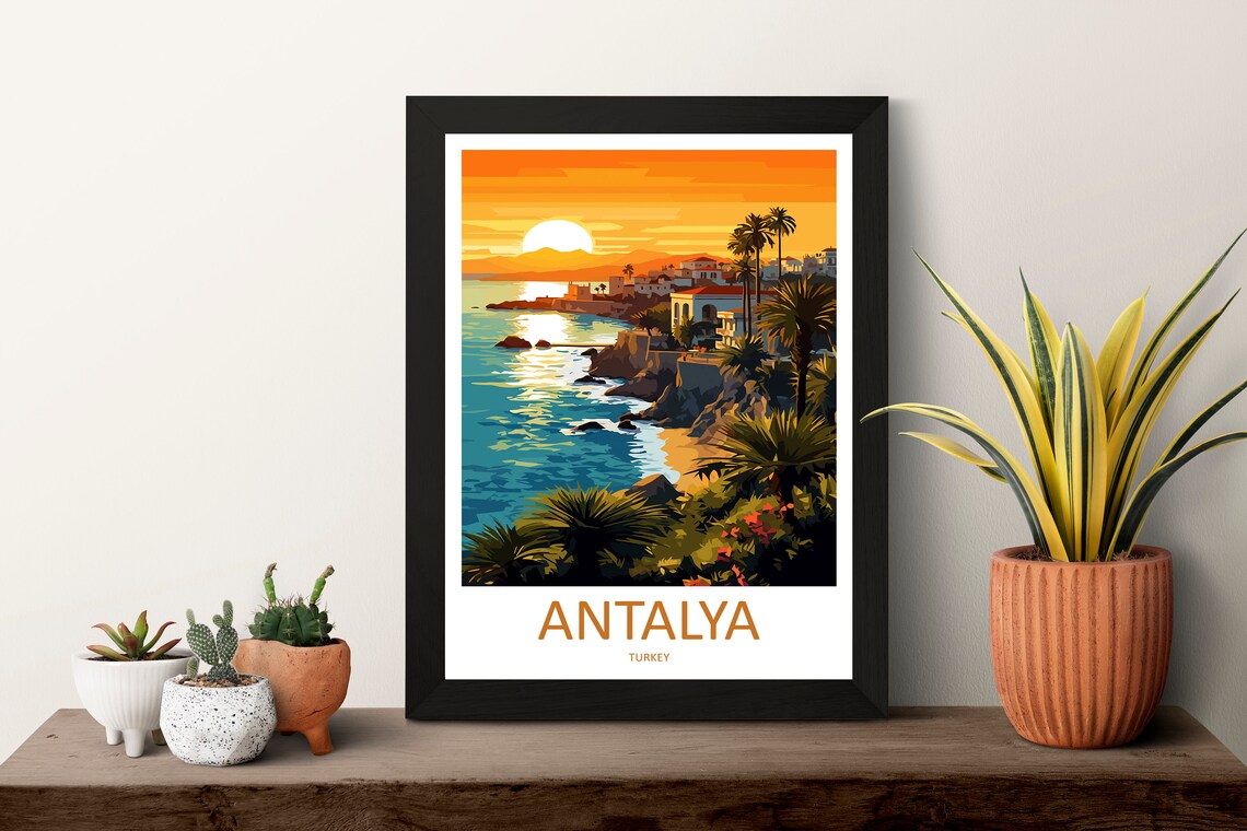 Antalya Turkey Golden Sunset Coastline Illustrated Travel Poster - Image 3