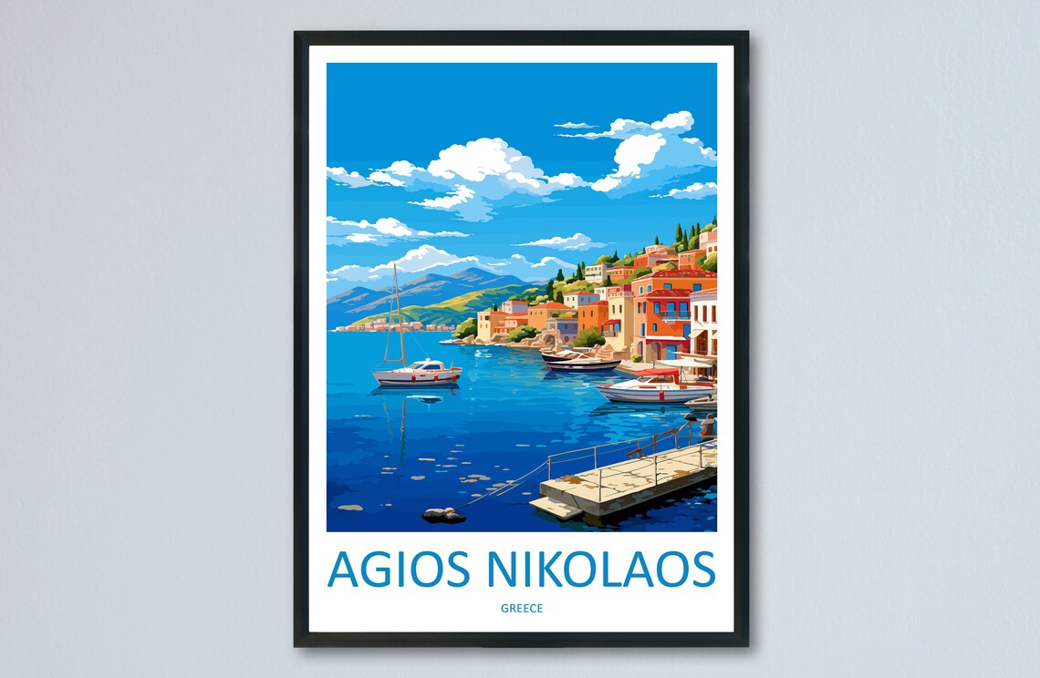 Agios Nikolaos Harbor Boats Crete Greece Bay Seafront Travel Poster