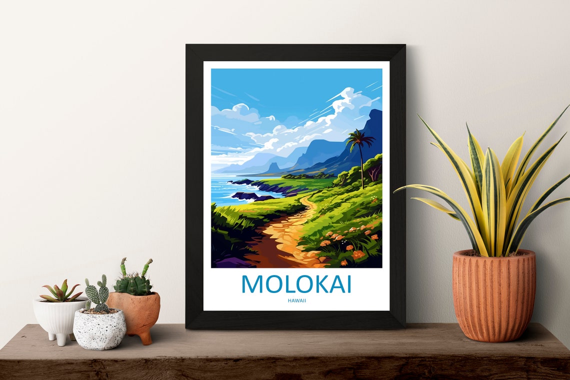 Molokai Hawaii Coastal Trail Sea Cliffs Landscape Travel Poster - Image 3