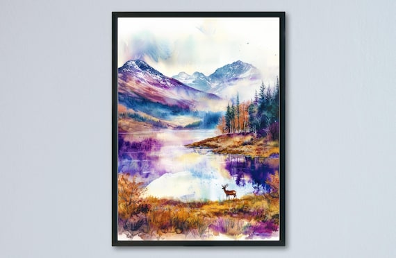 Cairngorms Highlands Stag Mountain Loch Lake Watercolor Poster