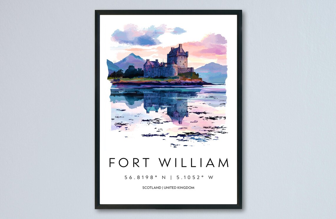 Fort William Sunset Castle Lake Reflection Scotland Watercolor Poster