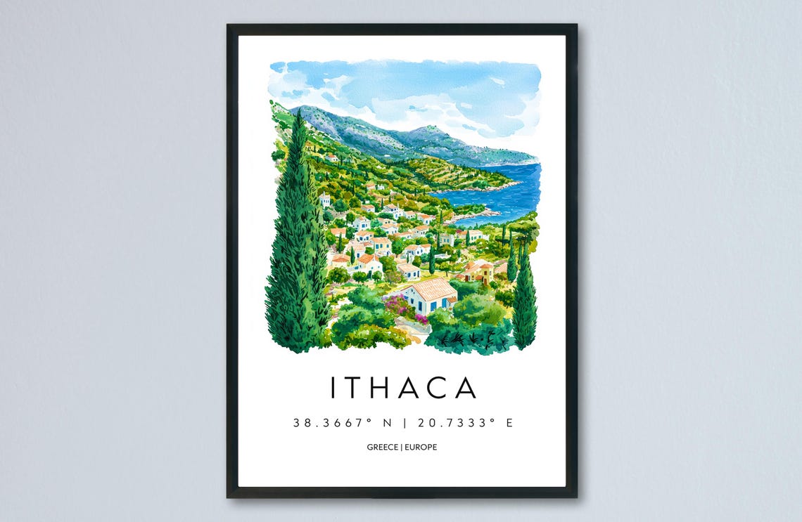 Ithaca Greece Island Cypress Coastline Watercolor Travel Poster