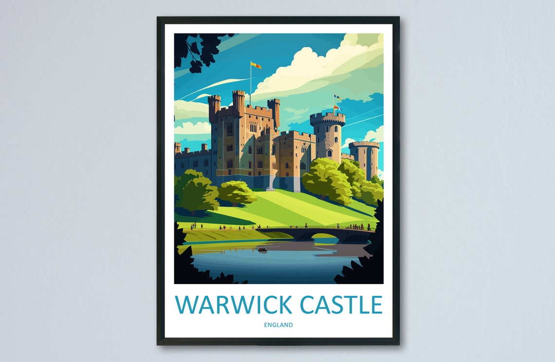 Warwick Castle England Medieval Towers Over River Meadow Travel Poster