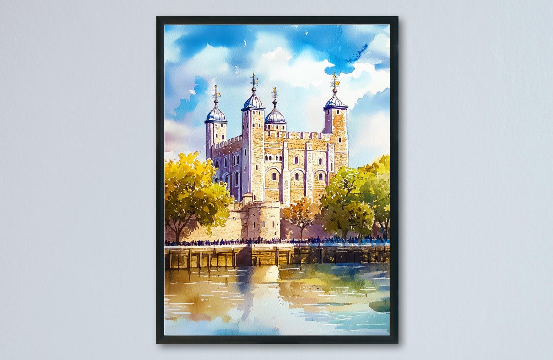 Tower of London White Tower Watercolor Historic Thames Fortress Poster