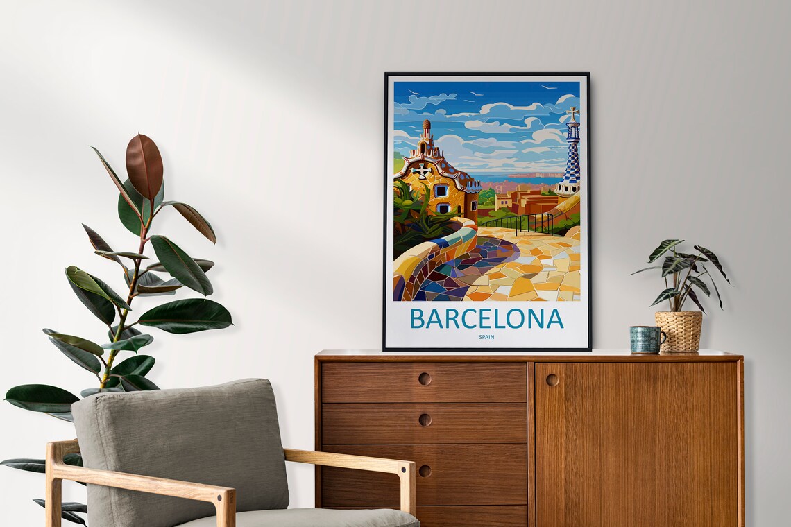 Barcelona Spain Park Guell Mosaic Terrace Vintage Travel Poster - Image 2