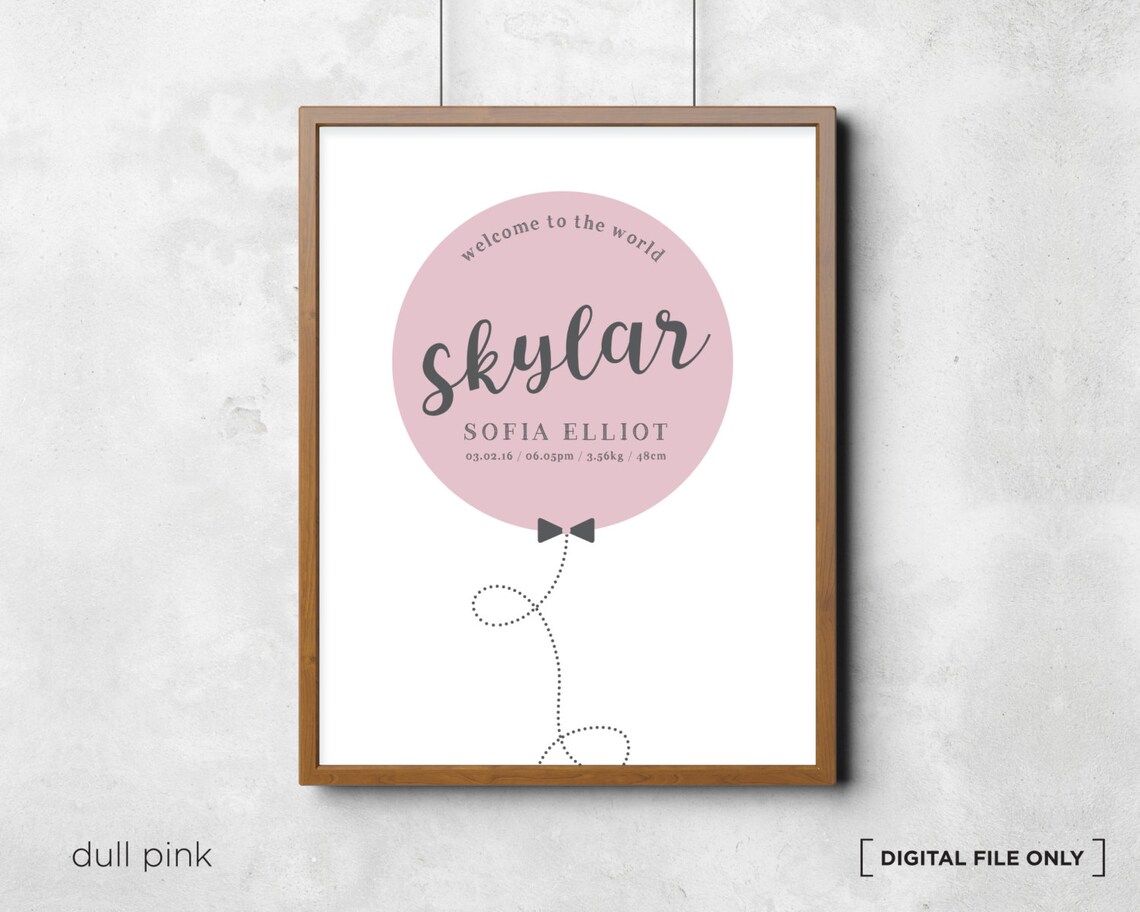 Pink Balloon Baby Girl Birth Announcement Nursery Decor Wall Art - Image 3