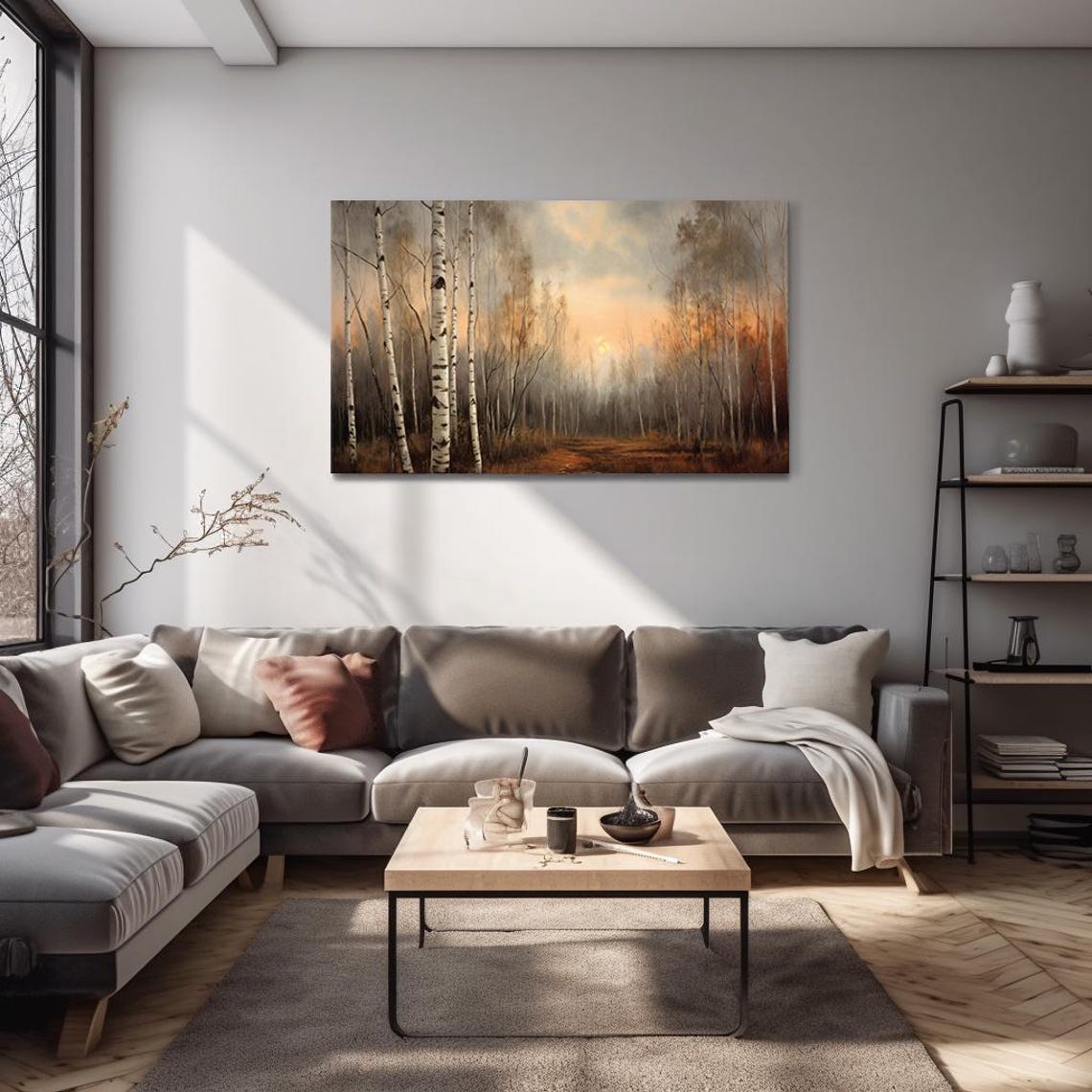 Autumn Birch Forest Misty Sunset White Trunks Nature Landscape Poster - Image 4