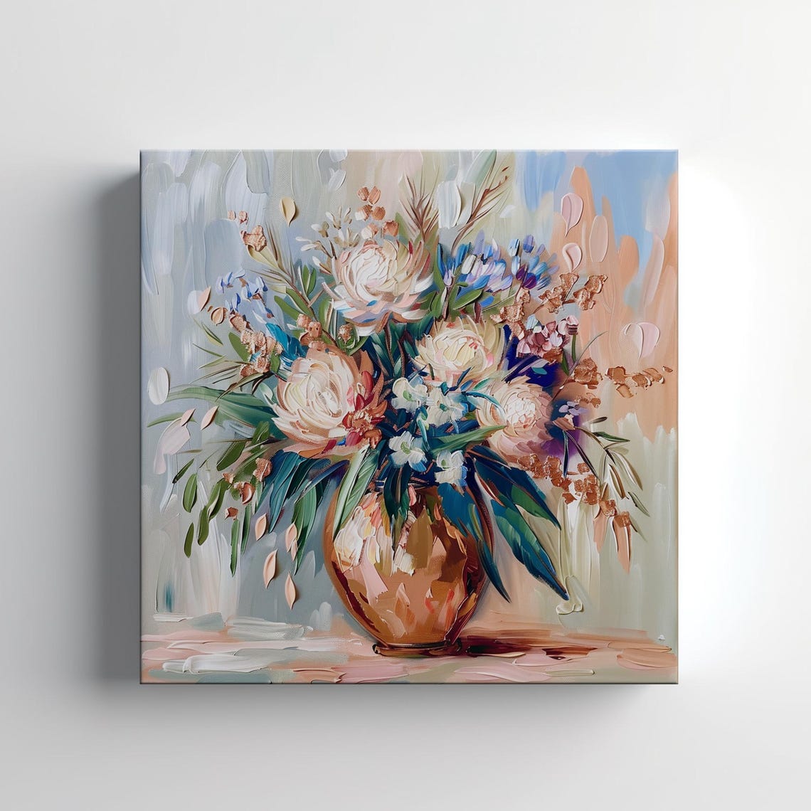 Pastel Flower Bouquet Copper Vase Impasto Still Life Painting Print