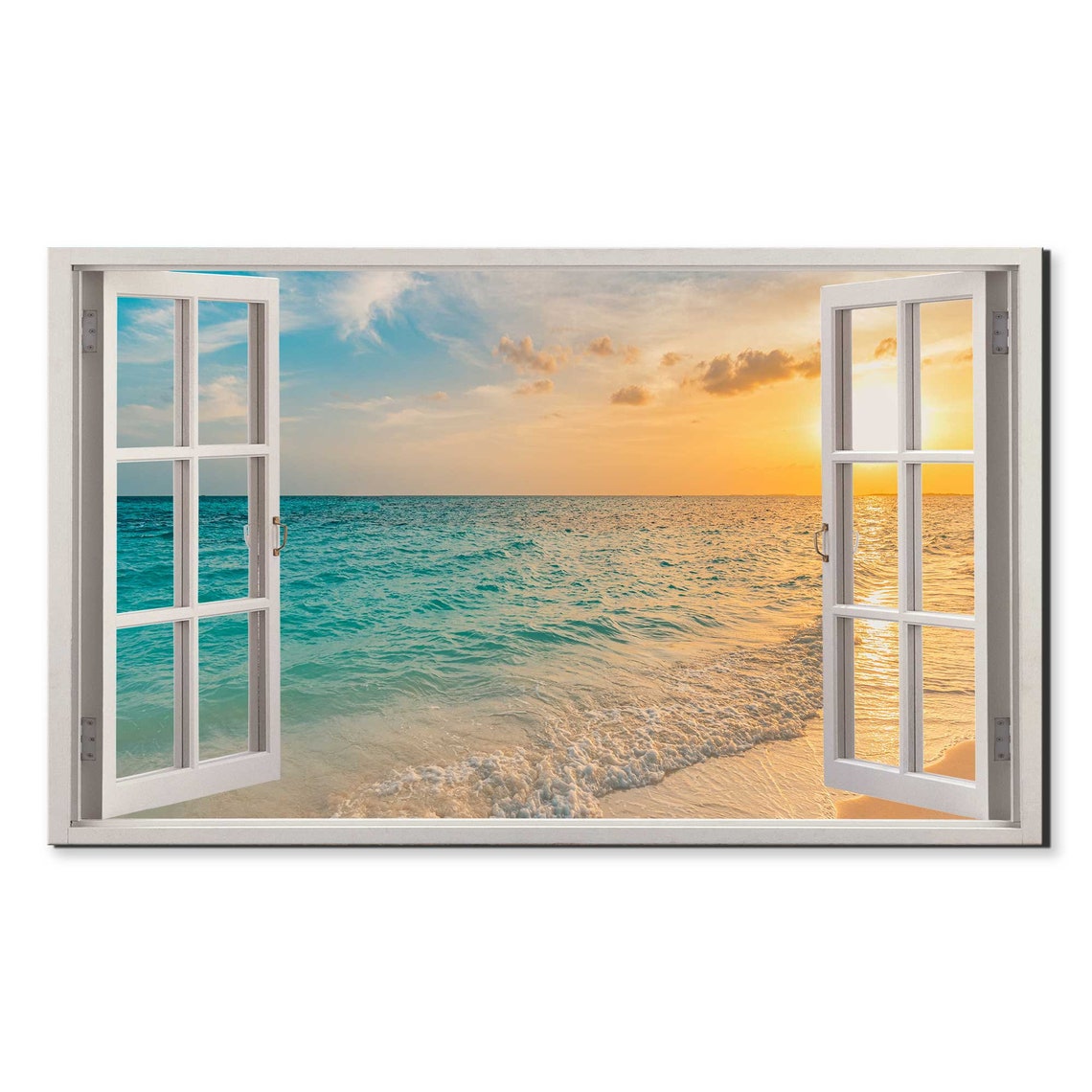 Golden Sunset Over Turquoise Ocean Through Open Window Beach Poster