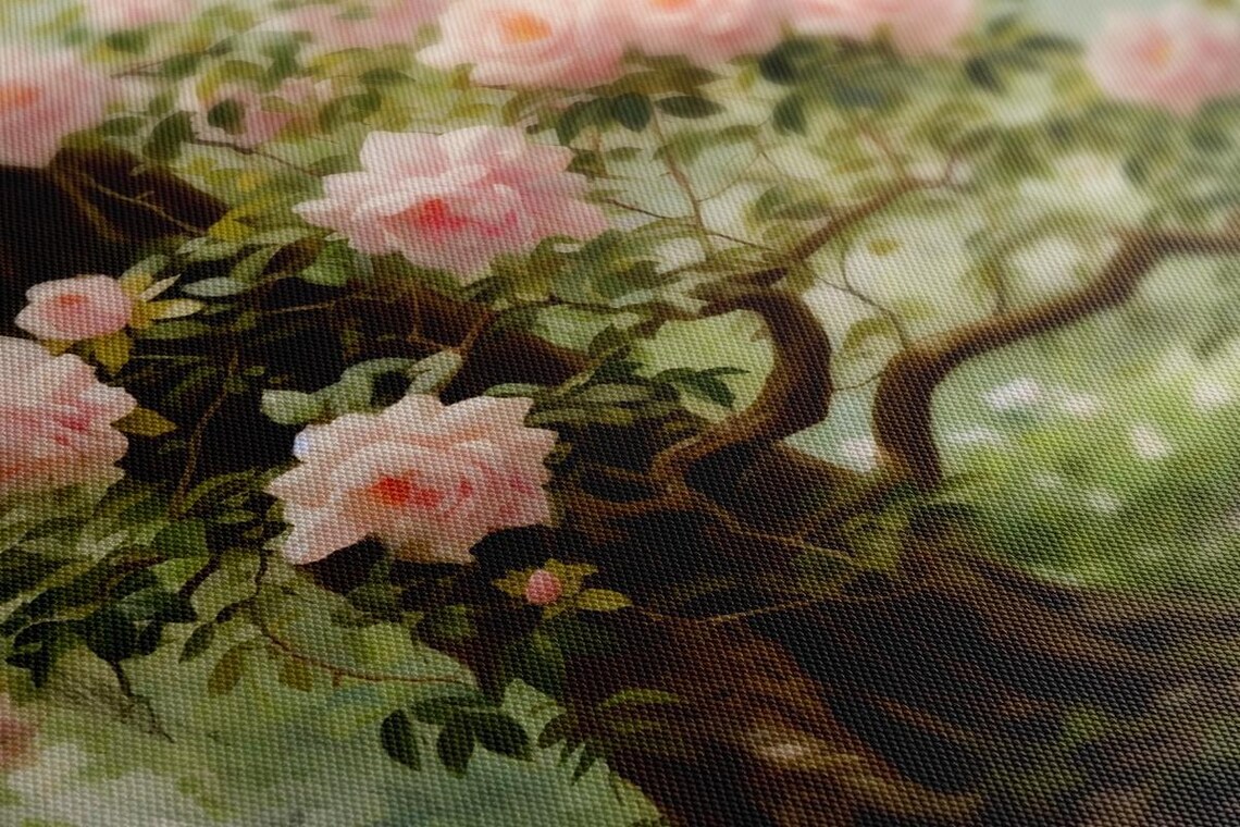 Pink Roses Climbing Tree Misty Garden Vintage Floral Painting Poster - Image 2