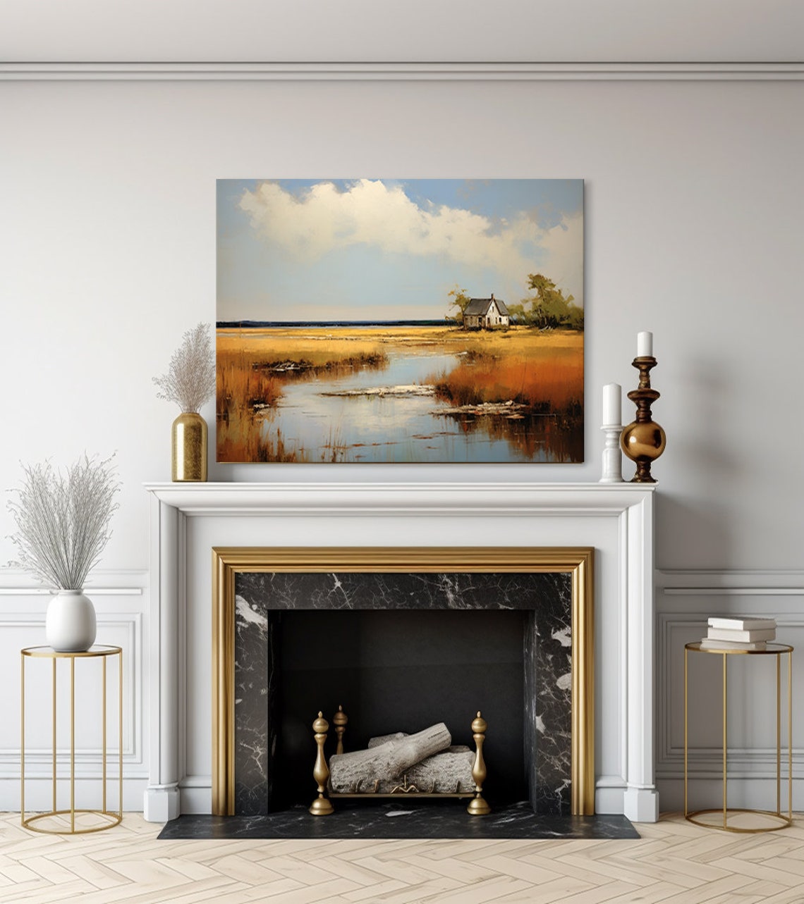 Vintage Country Landscape House By The Lake Moody Painting Style Print Farmhouse Decor Art Neutral Nature Picture Wall Hanging - Image 3