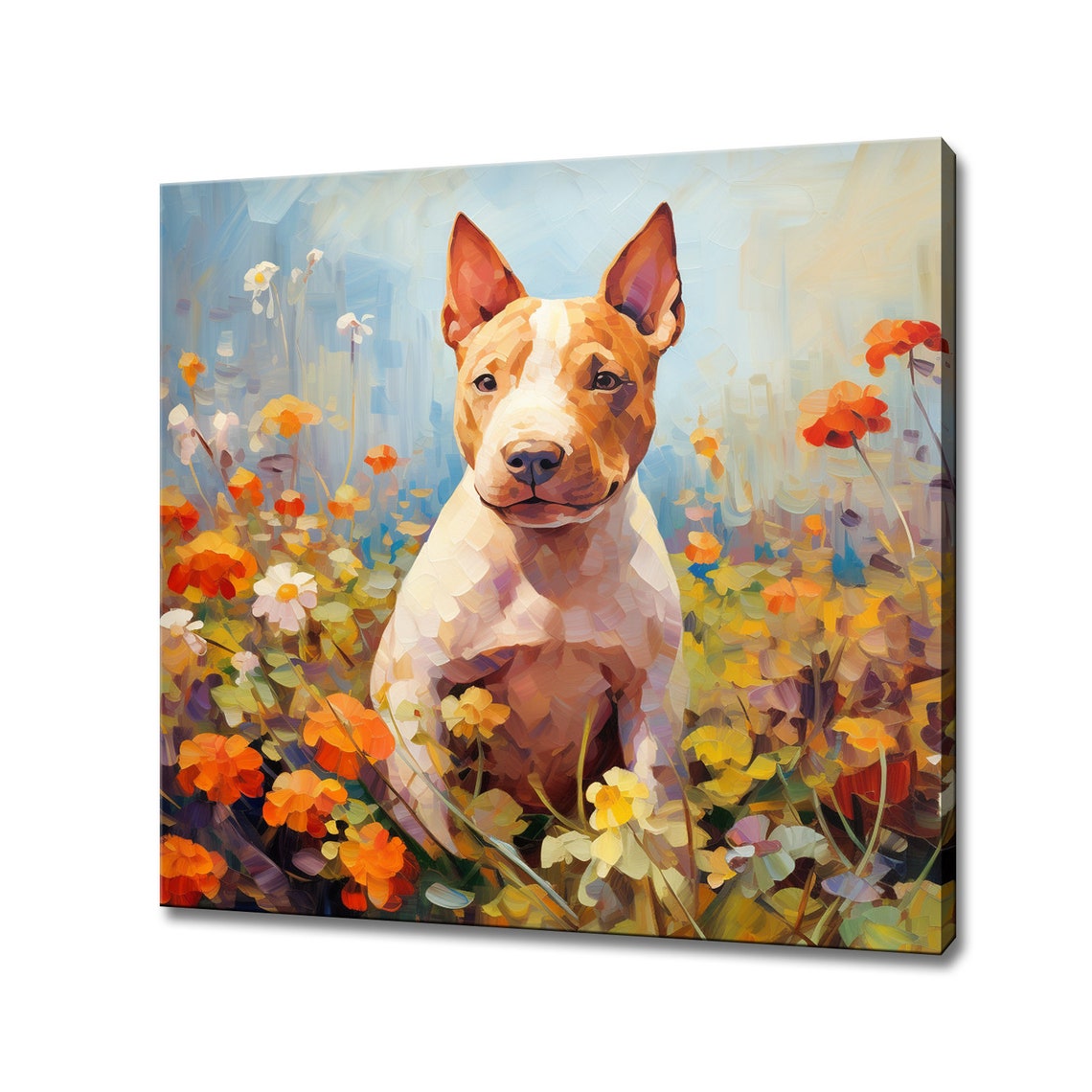 Cute White Brown Bull Terrier Dog In Flowers Print Gift For Dog Lover Colourful Dog Portrait Painting Print Dog Pet Wall Art